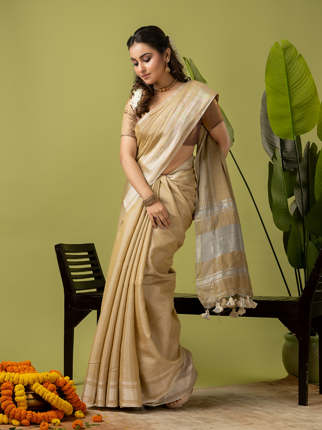 Pure Handloom Linen Saree | Khaki Golden Green  and Green | Half and Half style with Contrast Border
