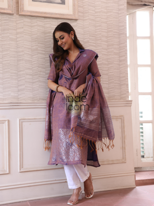 Handwoven Jamdani Linen Unstitched 2-piece Kurti  |  Eggplant Purple
