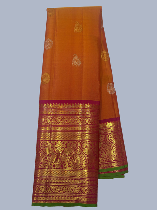 Pure Handwoven Gadwal Silk Saree With Safron Orange - 010
