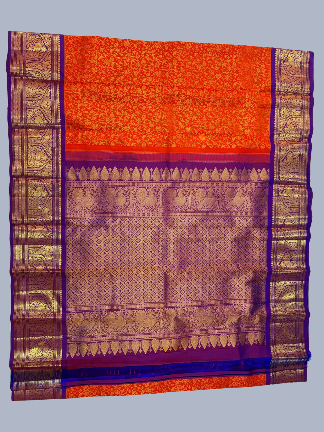Handwoven Pure Gadwal Silk Saree  |  Coral Red
