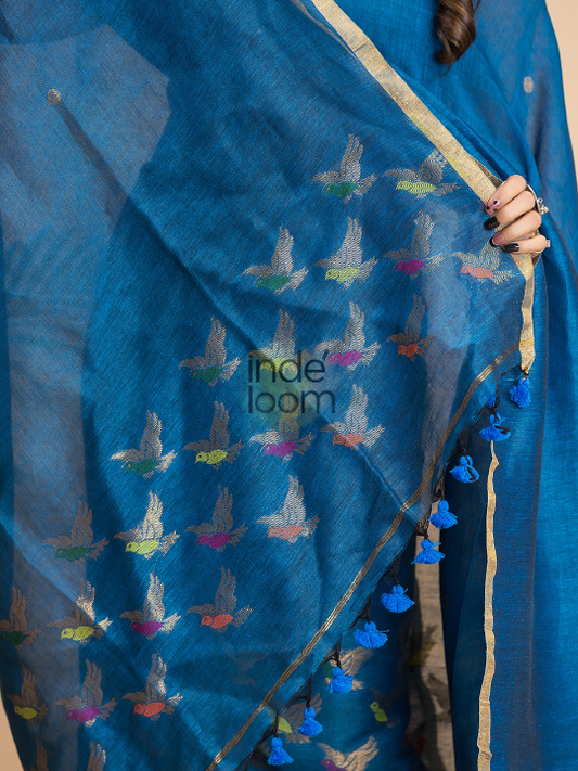 Handwoven Jamdani Cotton Linen Unstitched 2-piece Kurti  |  Steel Blue