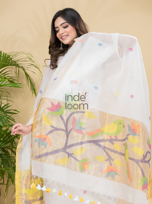 Handwoven Jamdani Muslin Unstitched 2-piece Kurti  |  Snow White