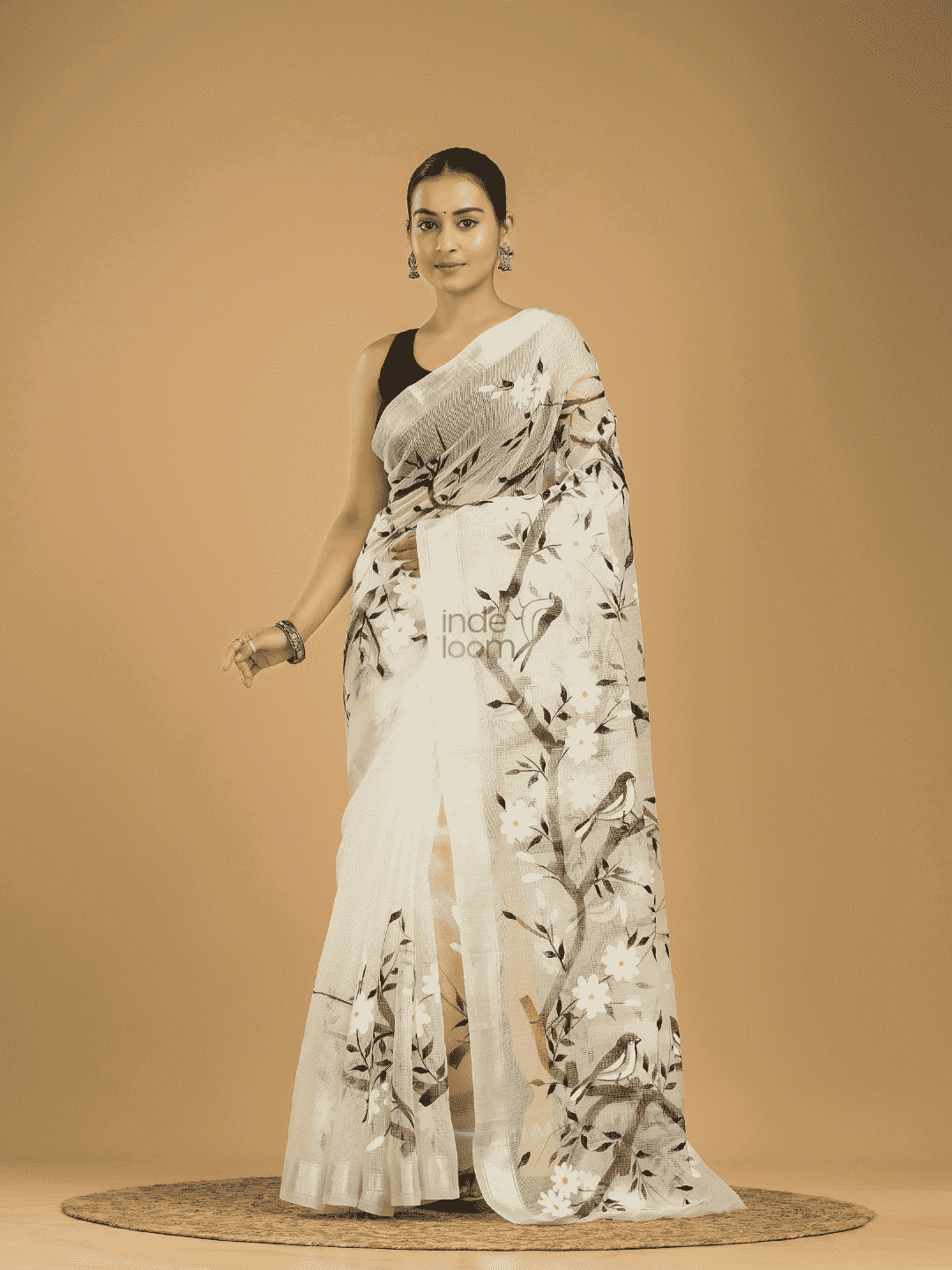Kota Doria Handpainted Saree With Pearl White - 007 - indeloom