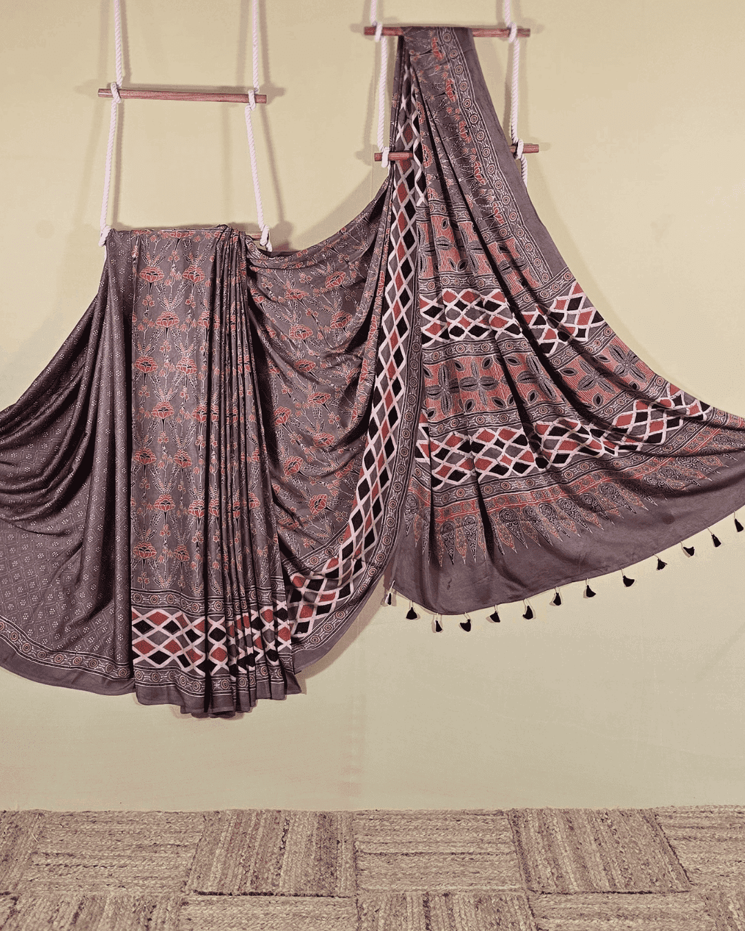 Ajrakh Exclusive Designer Modal Silk in Brick Red and Black - 027 - indeloom