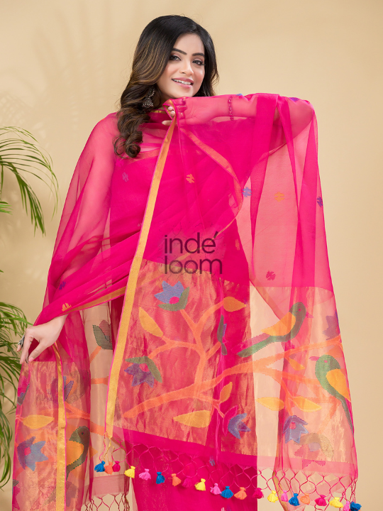 Hot Magenta | Handloom Jamdani Muslin Unstitched 2-Piece Kurti | Paithani Design