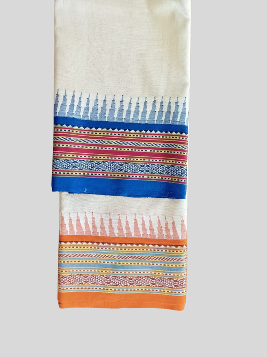 Blue & Orange Handloom Vidarbha Tussar Silk Saree with Multicolor Contrast Border -004