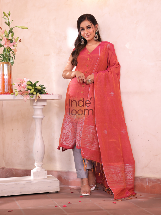 Rose Red Tissue Linen Silver Zari Jamdani 2-Piece Set Kurti & Dupatta (UNSTITCHED) - 301