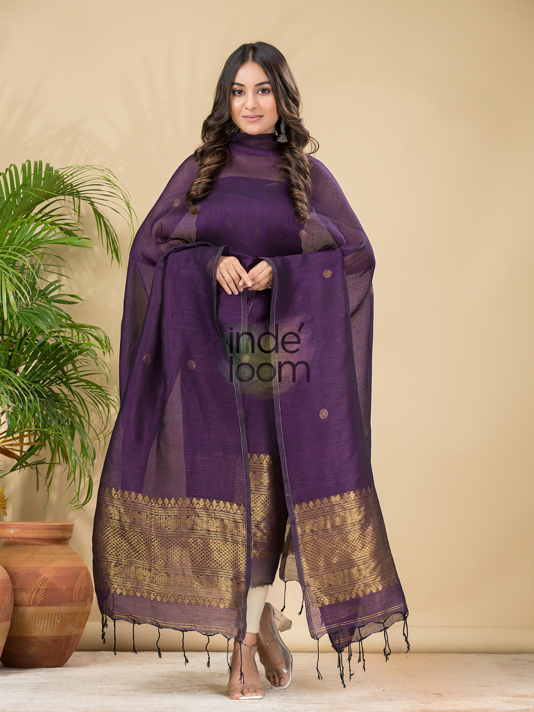 Midnight Plum | Handloom Jamdani Muslin Unstitched 2-Piece Kurti | Classic Design