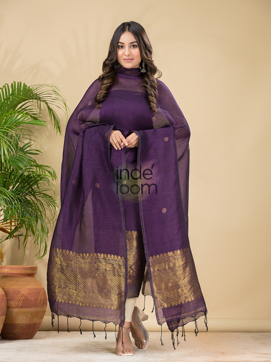 Midnight Plum | Handloom Jamdani Muslin Unstitched 2-Piece Kurti | Classic Design