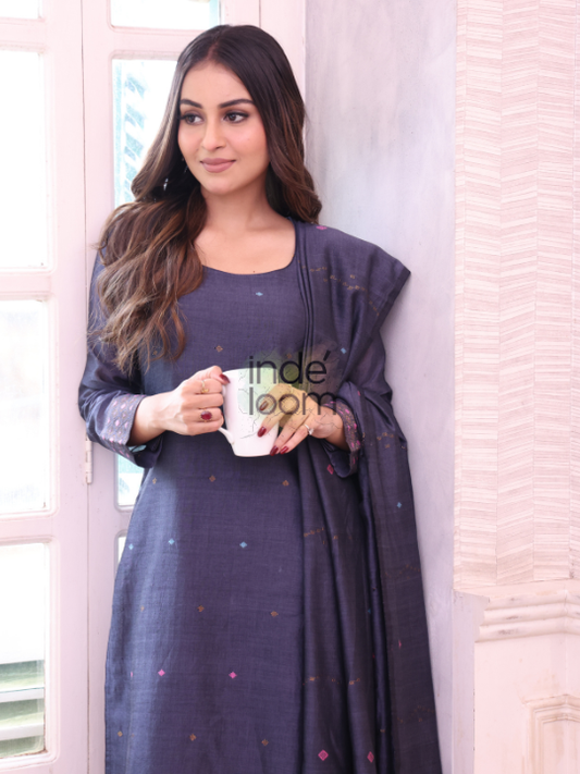 Handwoven Jamdani Cotton Unstitched 2-piece Kurti  |  Steel Blue