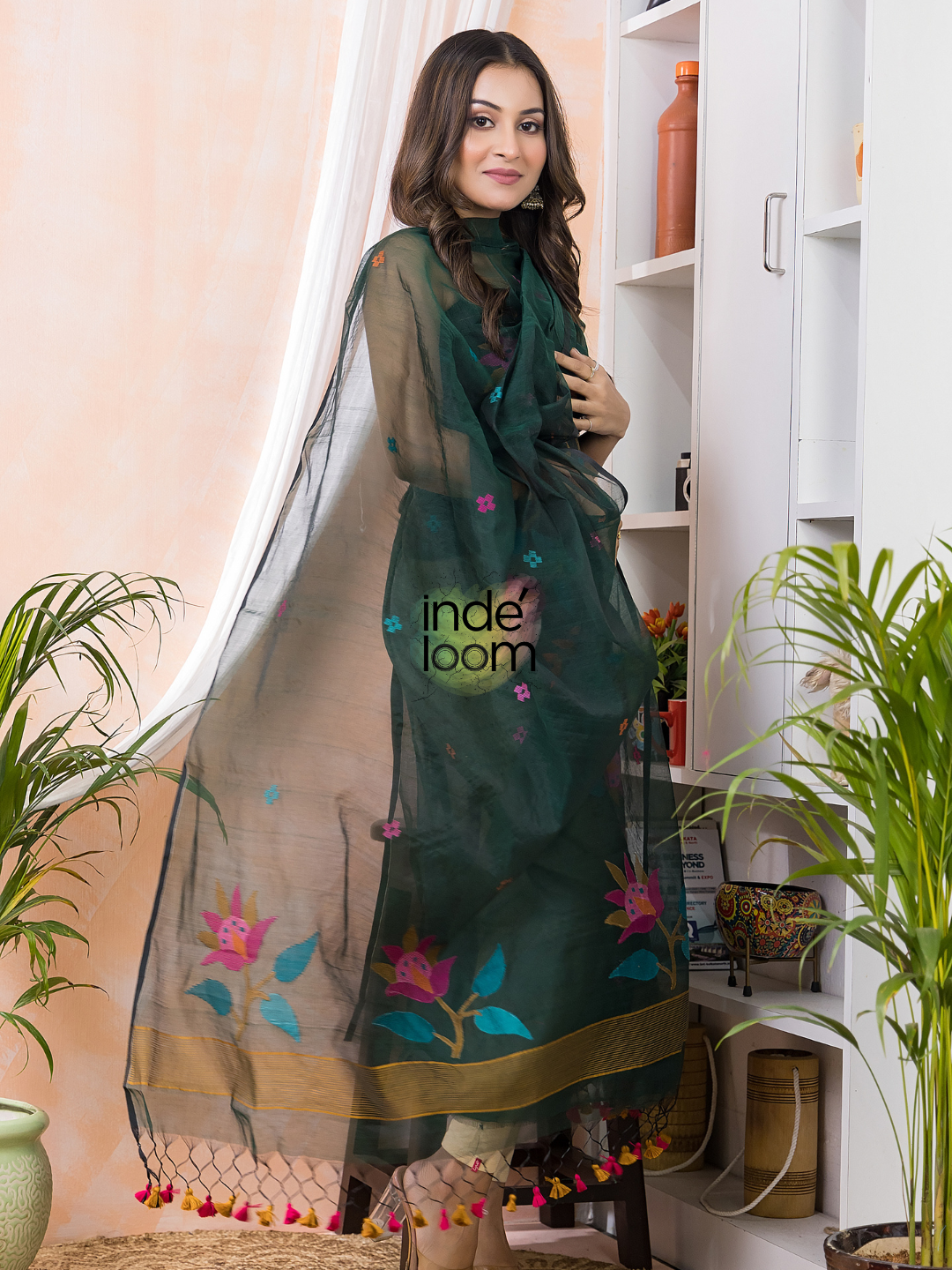 Handwoven Jamdani Muslin Unstitched 2-piece Kurti  |  Deep Teal