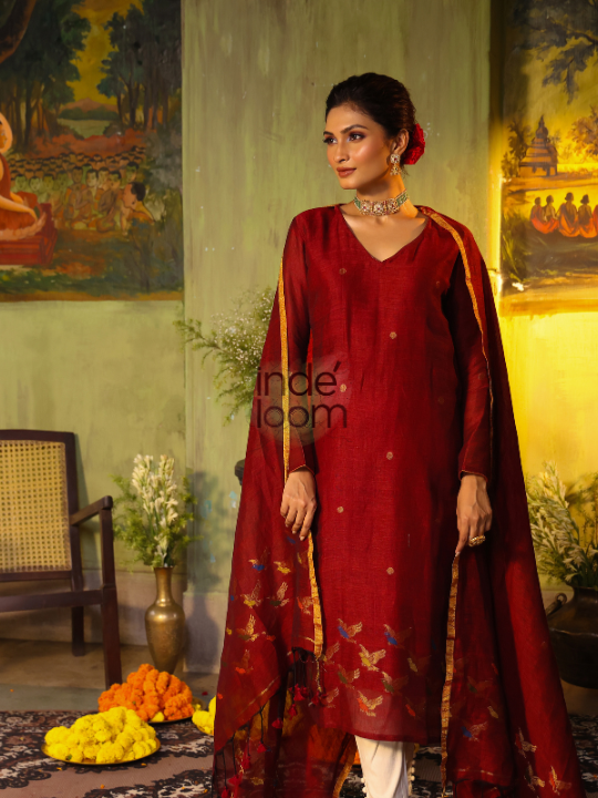 Handwoven Jamdani Linen Cotton Kurti  |  Burgundy Red