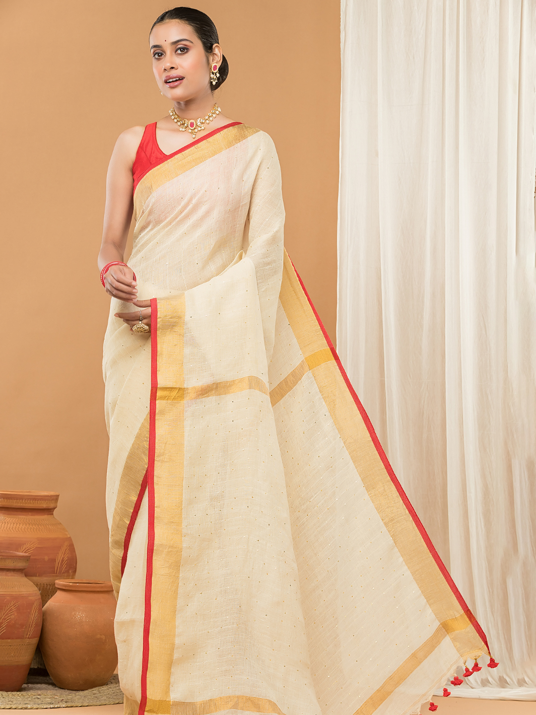 Linen Sequin Jamdani Saree With Cream White - 002