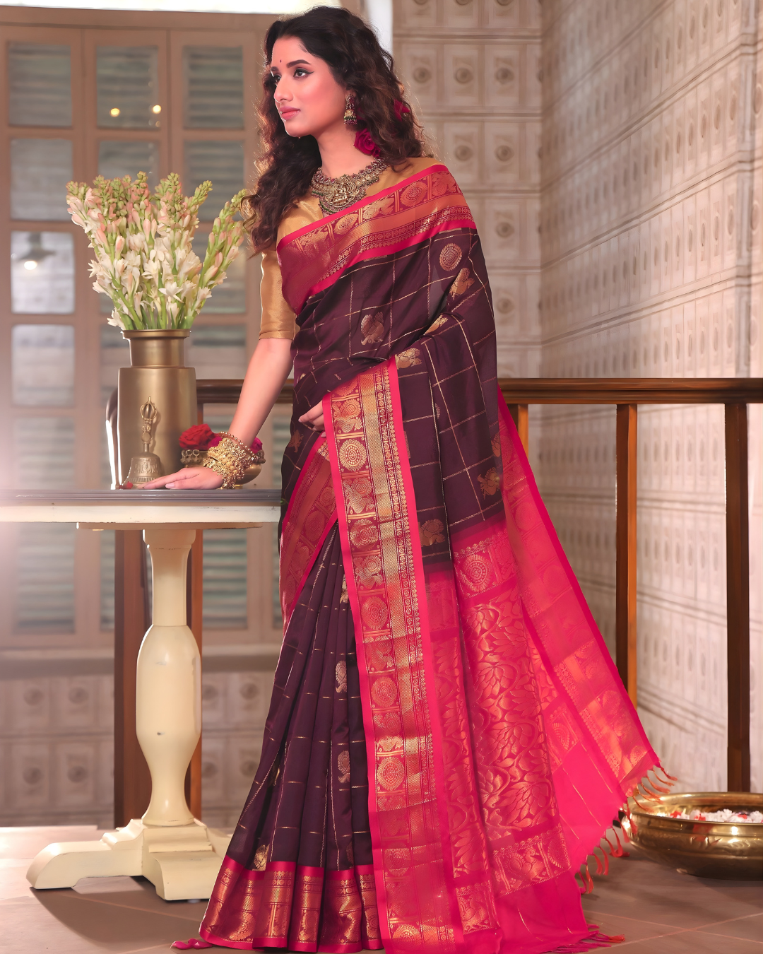 Pure Handloom Korvai Saree | Dark Brown and Rani Pink