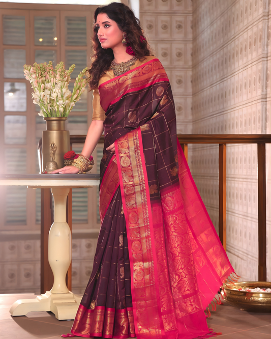 Pure Handloom Korvai Saree | Dark Brown and Rani Pink