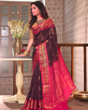 Pure Handloom Korvai Saree | Dark Brown and Rani Pink