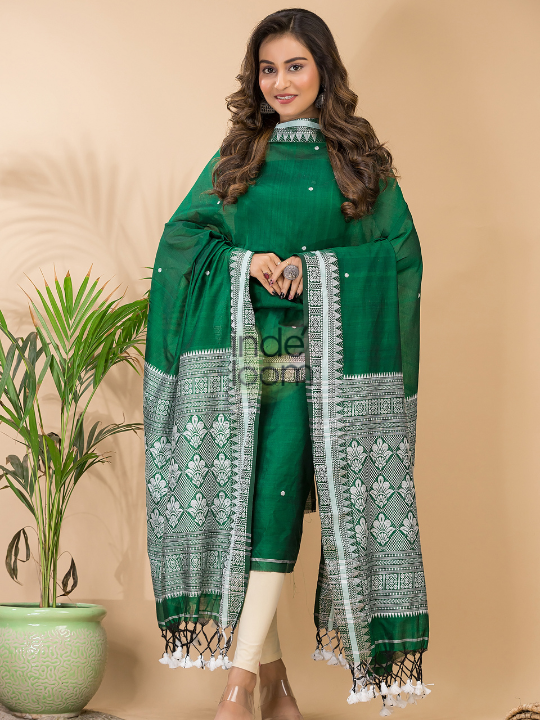 Deep Emerald | Handloom Jamdani Muslin Unstitched 2-Piece Kurti | Baluchari Design