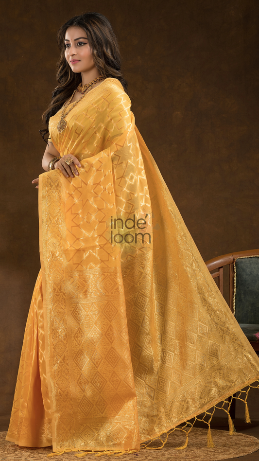 Geometric woven design Silk blend Saree | Sunflower Yellow