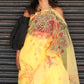 Red Floral Garden on Mustard Yellow-Organza Hand-painted Saree-021