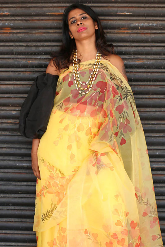 Red Floral Garden on Mustard Yellow-Organza Hand-painted Saree-021