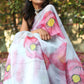 Hot Pink Poppy Burst Floral With Golden Buds-Organza Handpainted Saree-001