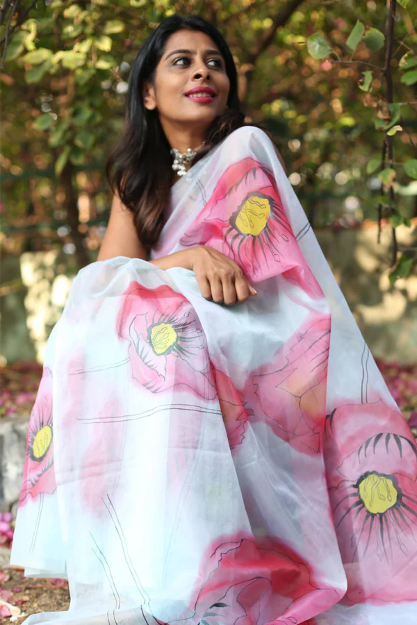 Hot Pink Poppy Burst Floral With Golden Buds-Organza Handpainted Saree-001