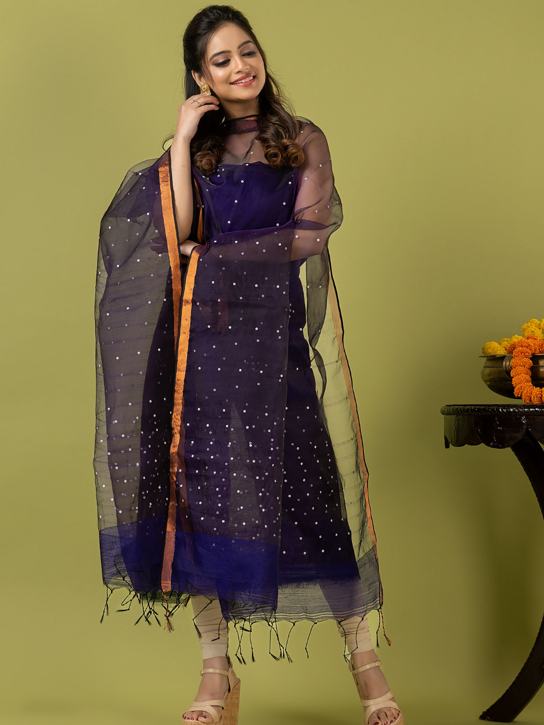 Handwoven Jamdani Muslin Unstitched 2-piece Kurti | Deep Violet