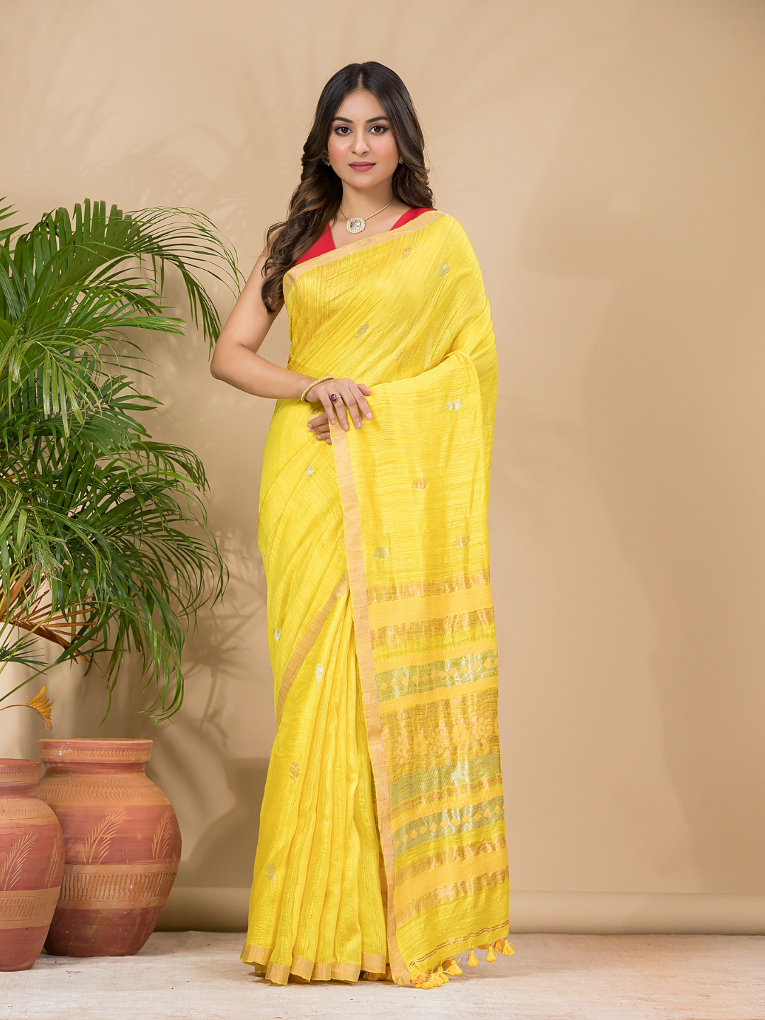 Matka Silk Jamdani Saree With Golden Yellow - 020