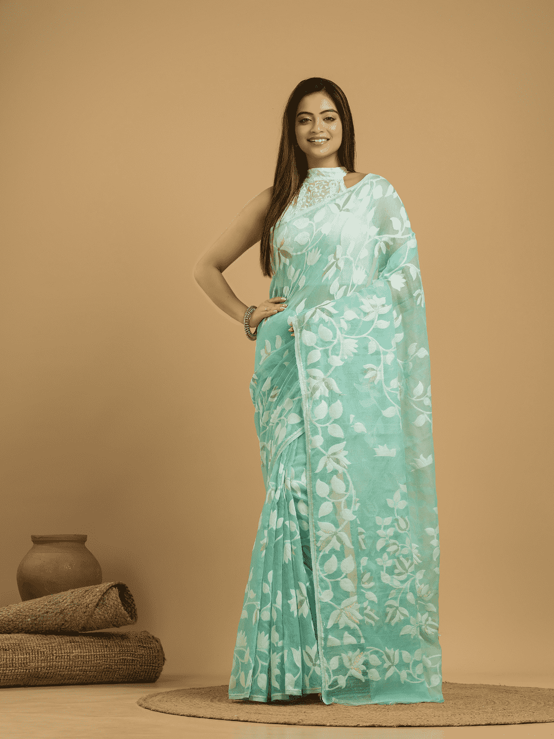 Baby Blue Cotton Silk Jamdani Saree - 033 - indeloom