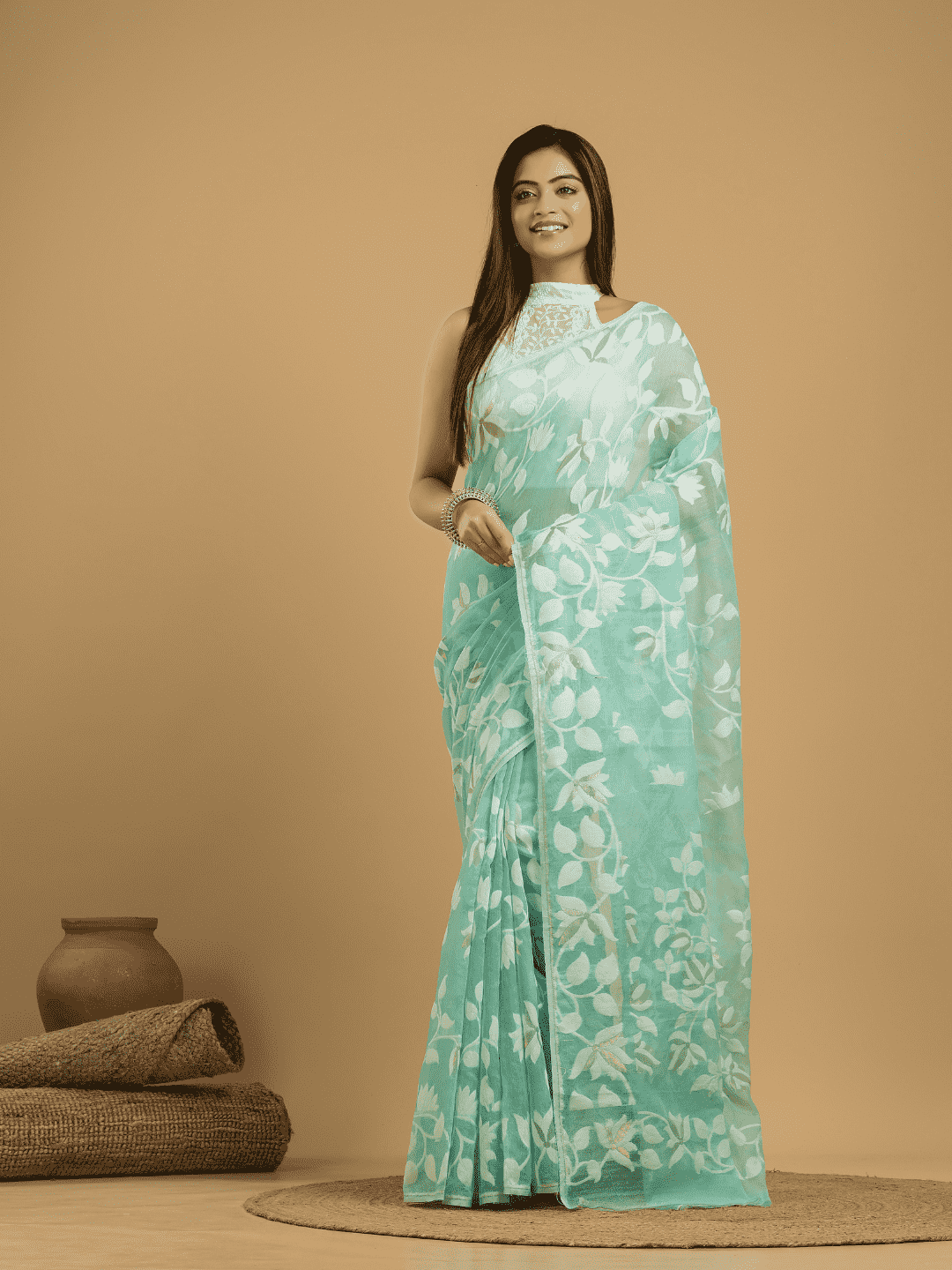 Baby Blue Cotton Silk Jamdani Saree - 033 - indeloom