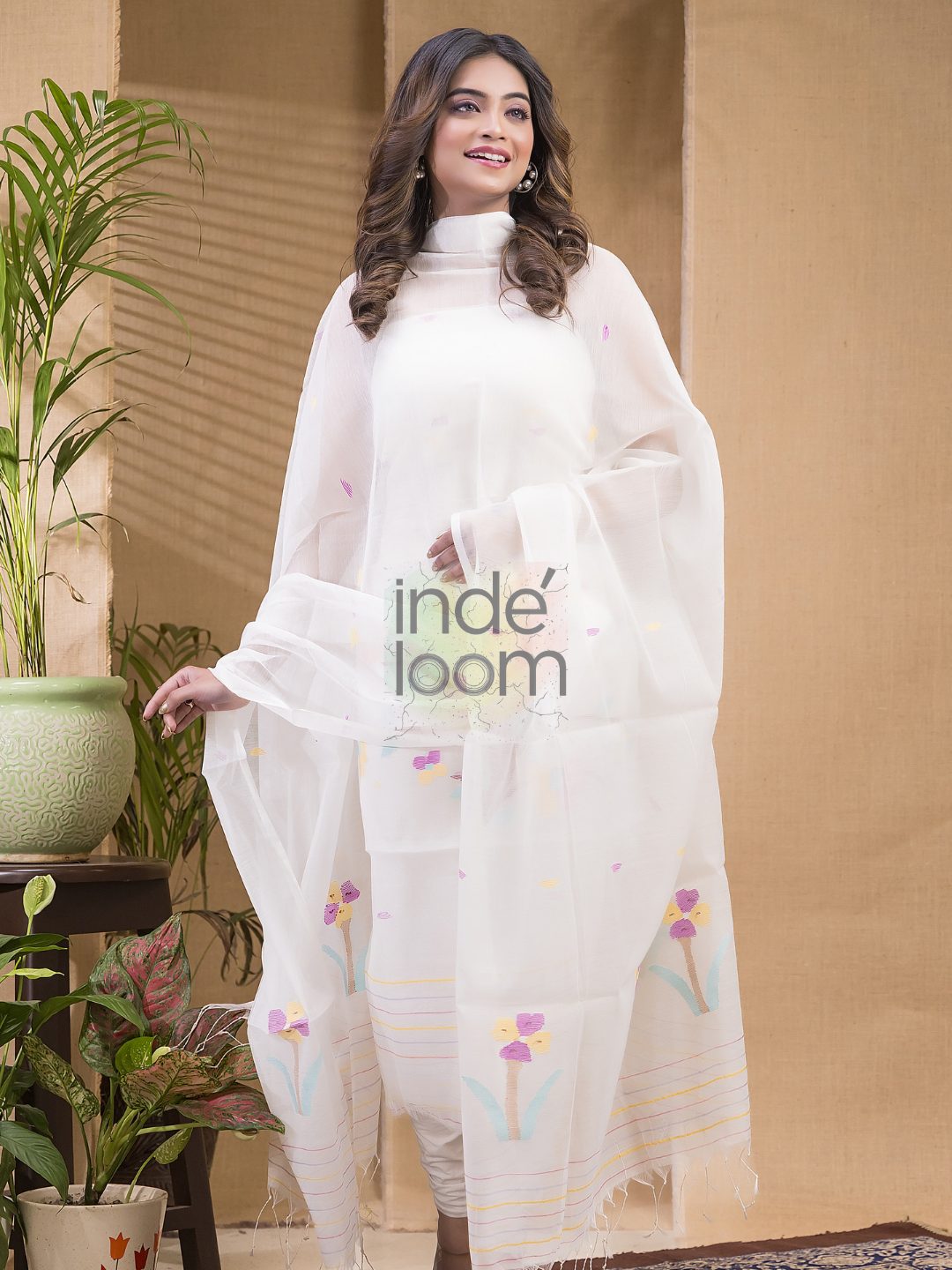 Snow White Jamdani 2-Piece Set Kurti & Dupatta (UNSTITCHED) -648