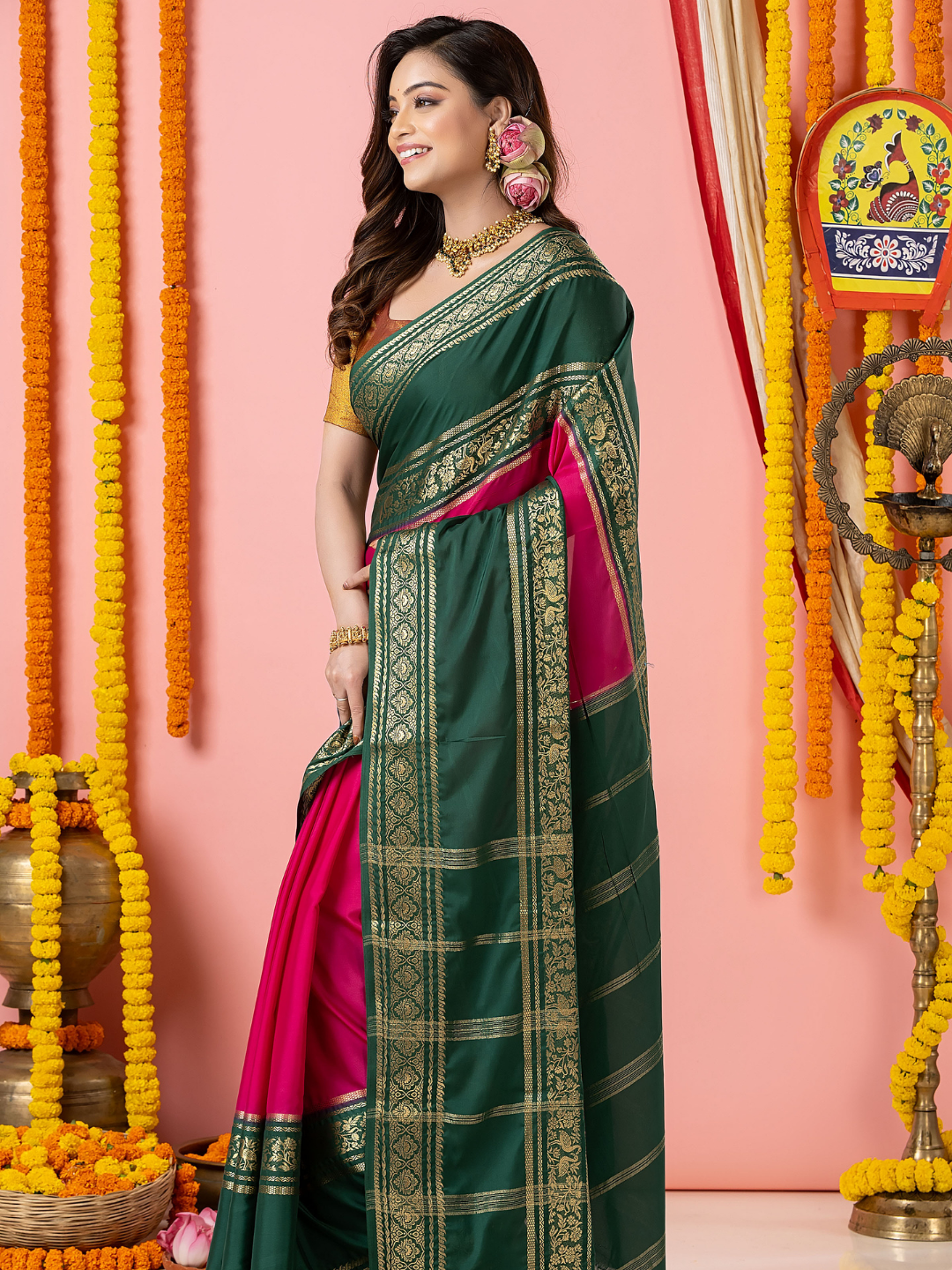Classic Mysore Semi Silk Saree | Dark Green