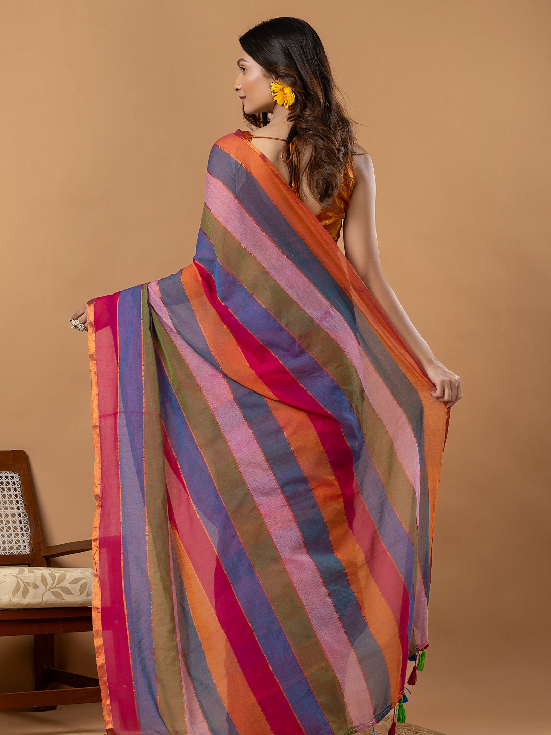 Pure Handloom Mul Cotton Saree | Multicolour Stripes