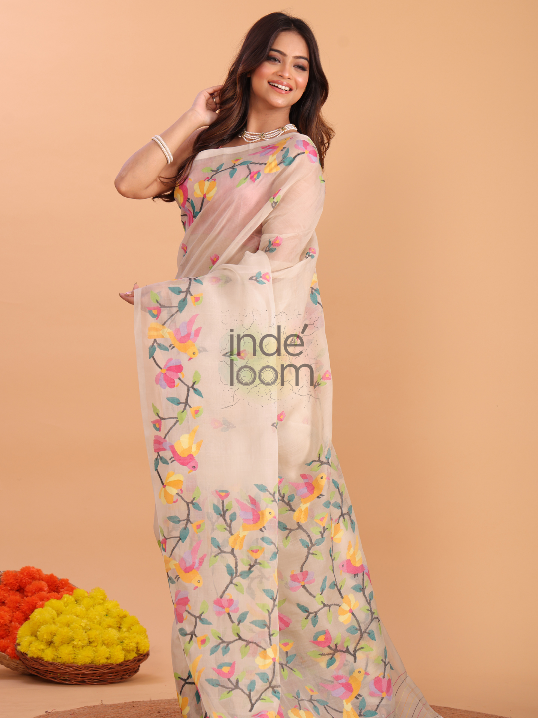 Silk Jamdani Saree With Burgundy Pale Brown - 161