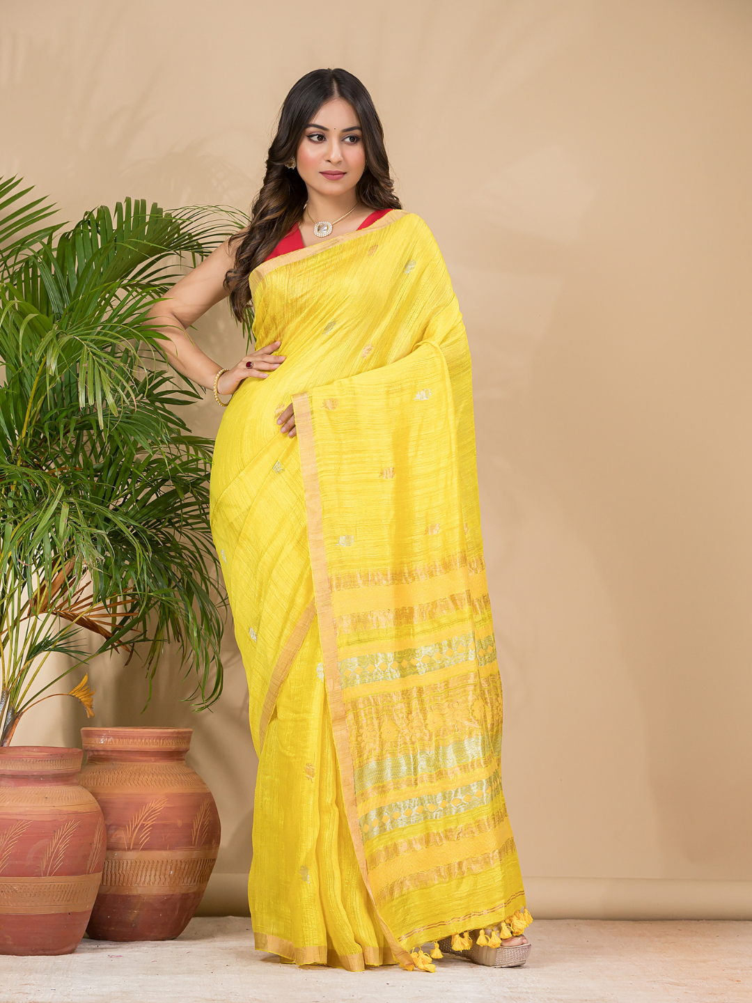 Matka Silk Jamdani Saree With Golden Yellow - 020