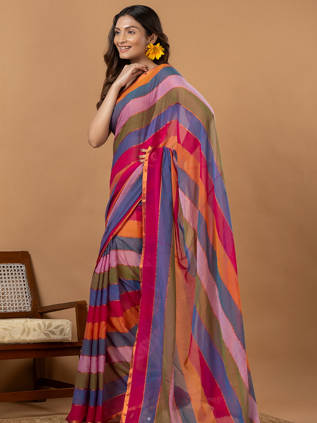 Pure Handloom Mul Cotton Saree | Multicolour Stripes