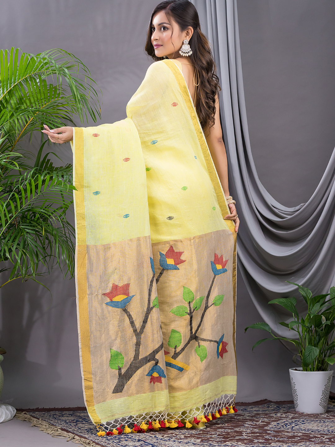 Linen Jamdani Saree With Lemon Yellow - 034