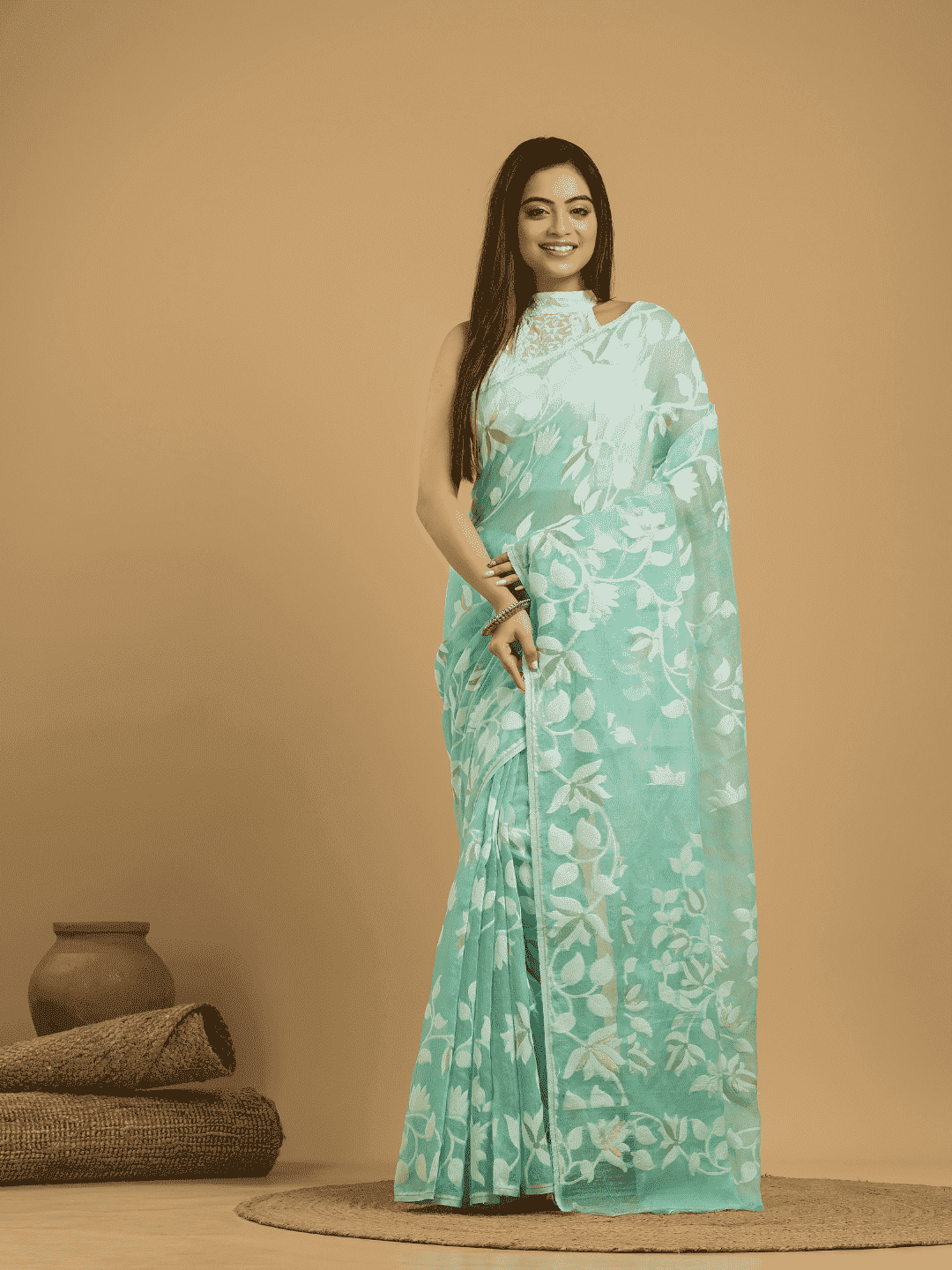 Baby Blue Cotton Silk Jamdani Saree - 033 - indeloom