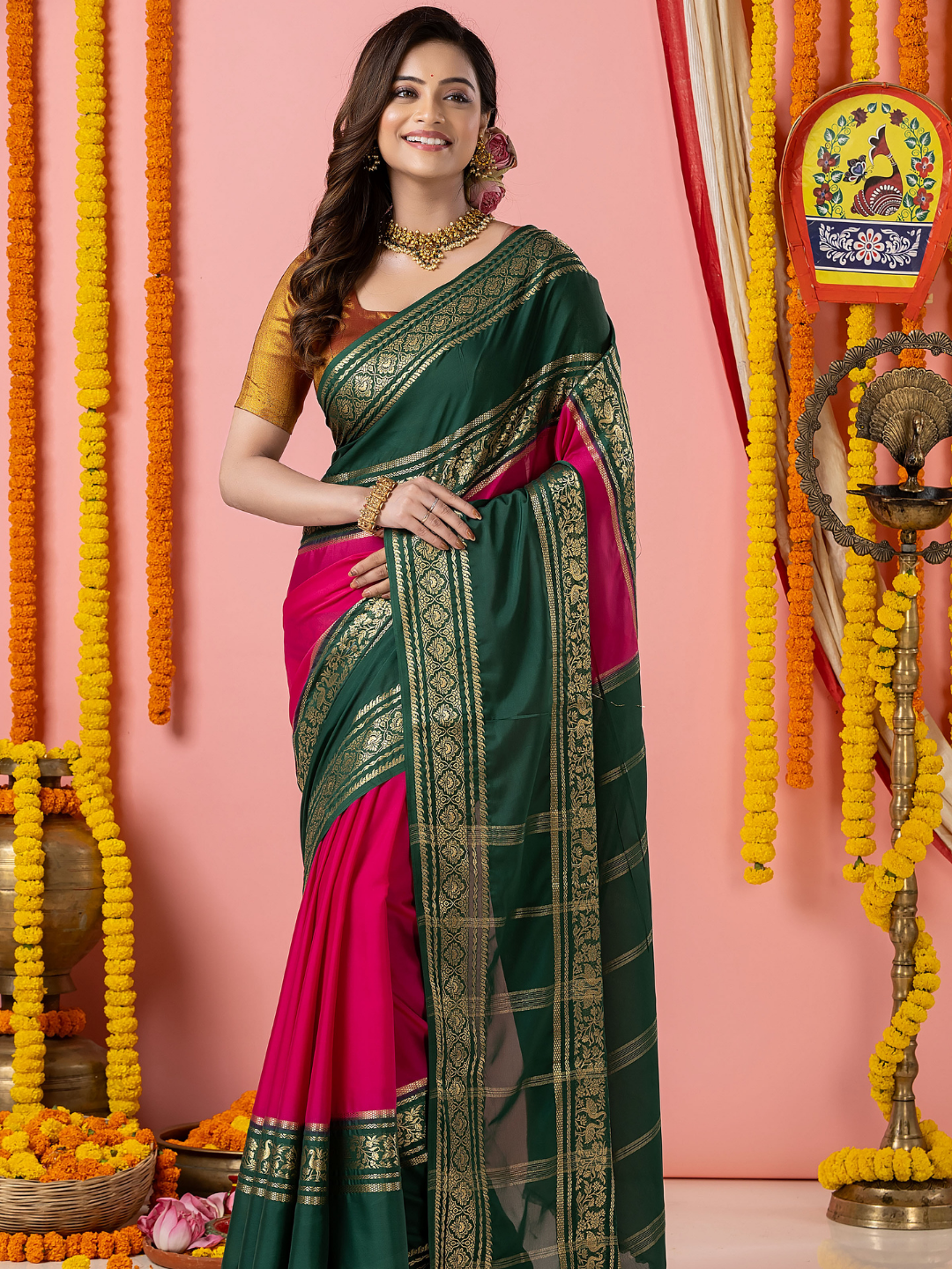 Classic Mysore Semi Silk Saree | Dark Green