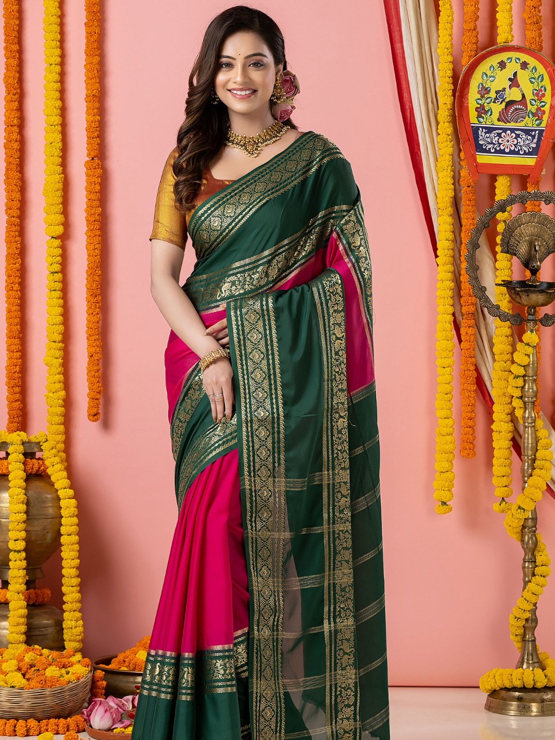 Classic Mysore Semi Silk Saree | Dark Green