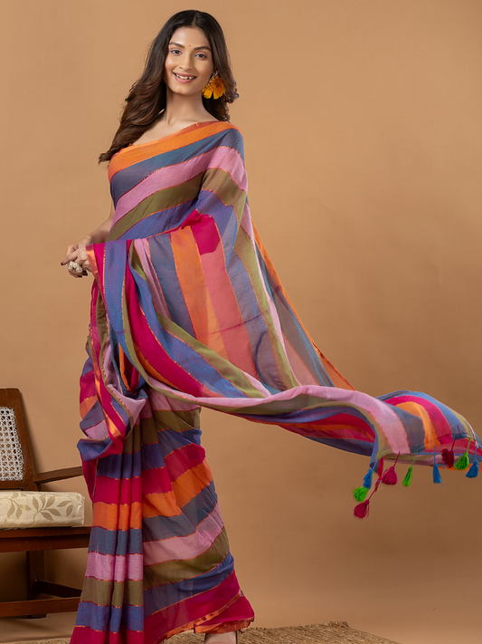 Pure Handloom Mul Cotton Saree | Multicolour Stripes