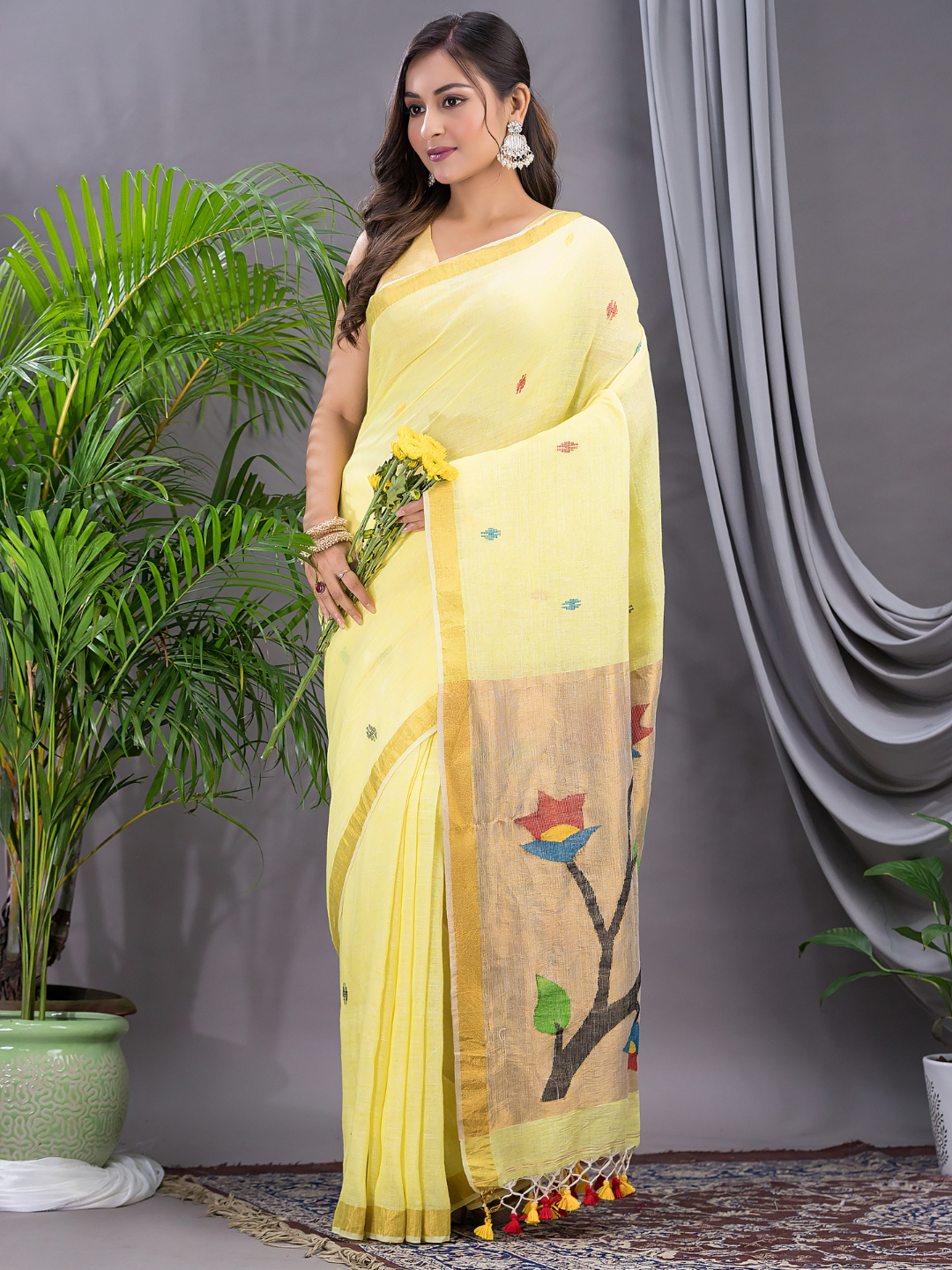 Linen Jamdani Saree With Lemon Yellow - 034
