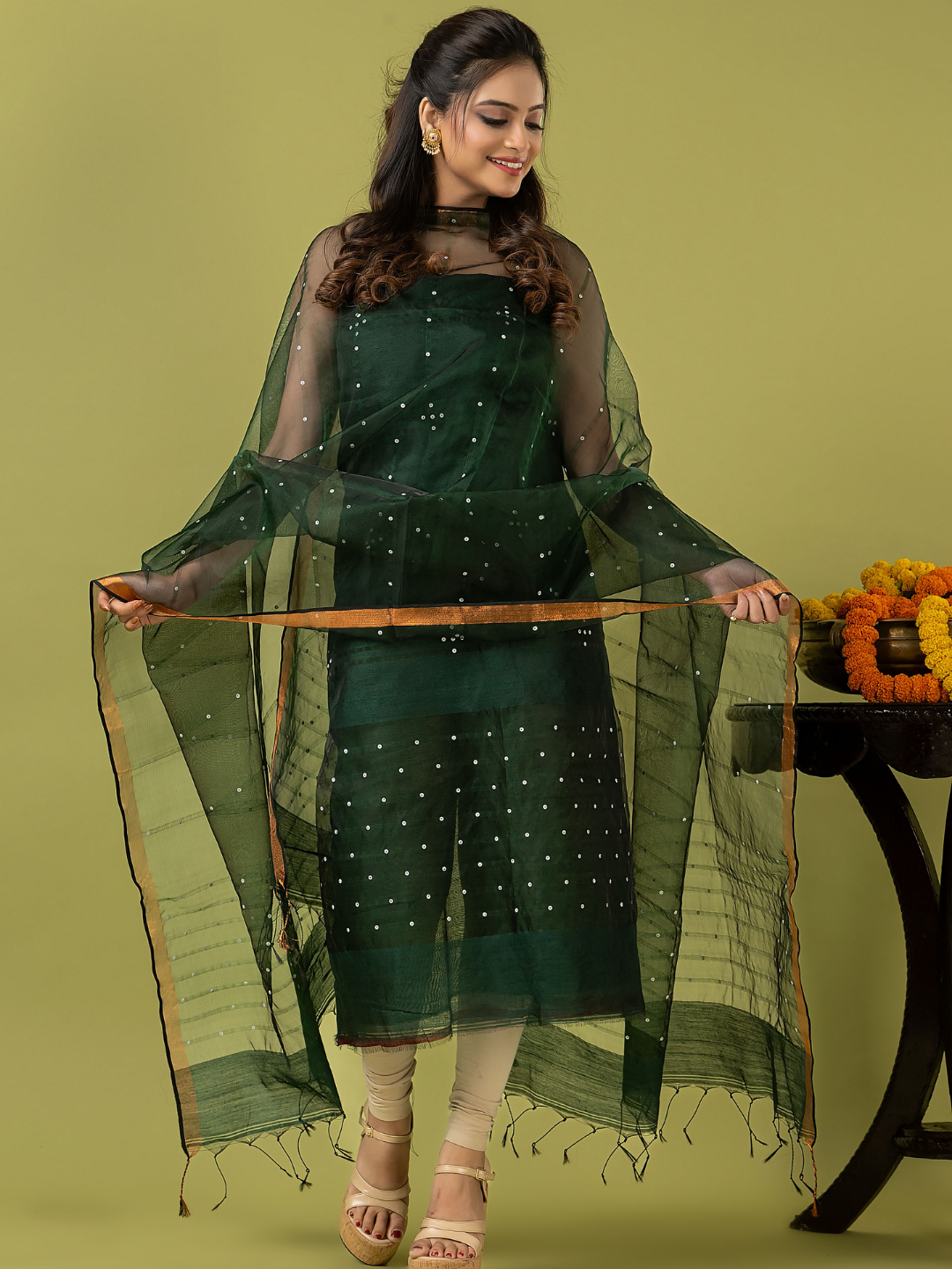 Handwoven Jamdani Muslin Unstitched 2-piece Kurti | Forest Green