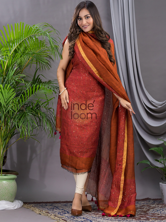 Handwoven Jamdani Linen Unstitched 2-piece Kurti  |  Rust Orange