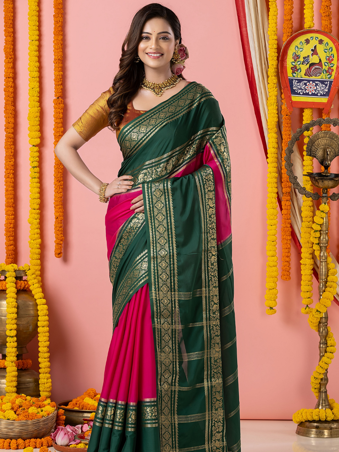 Classic Mysore Semi Silk Saree | Dark Green