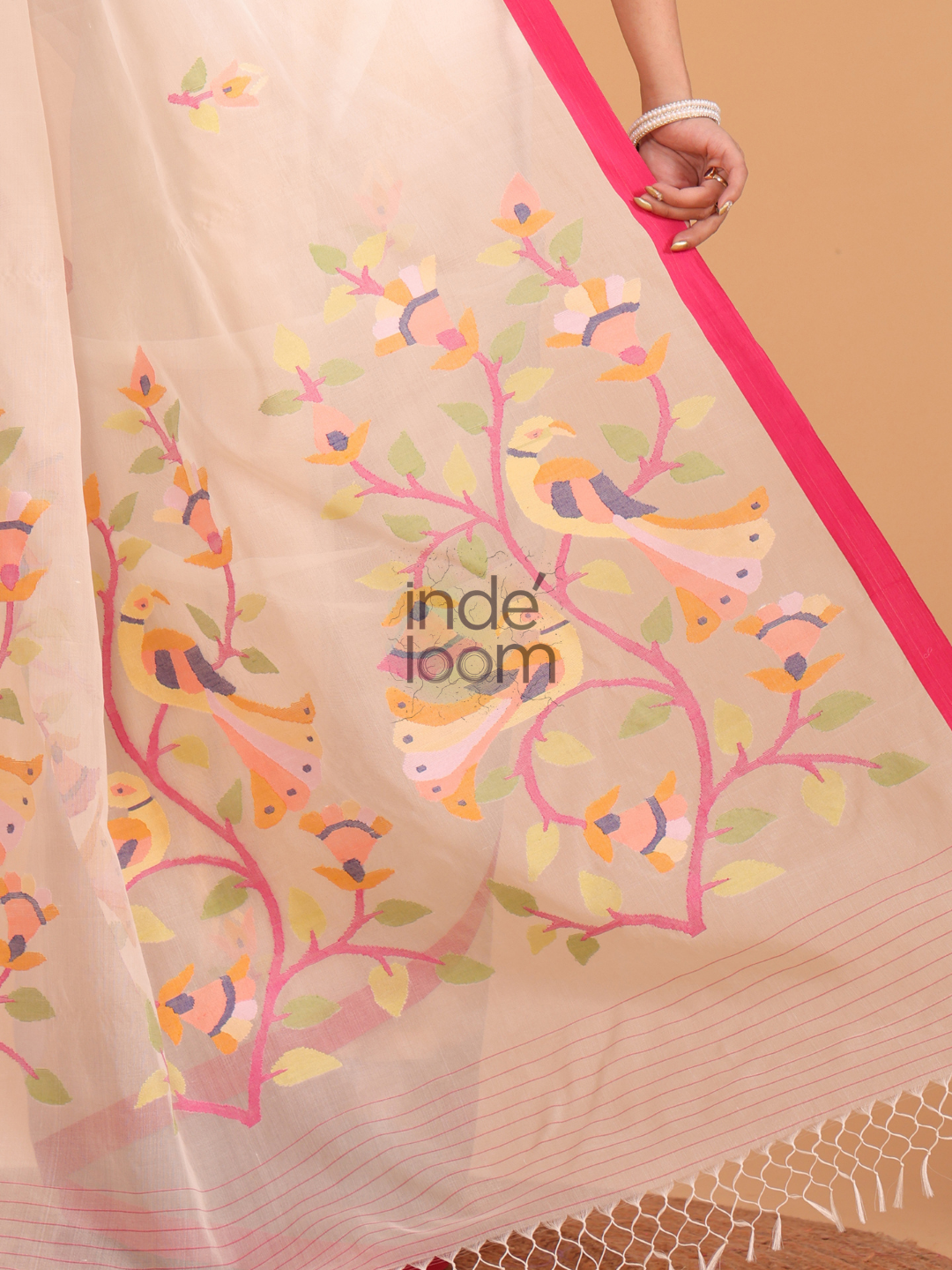 Jamdani Saree With Burgundy Beige Brown - 162