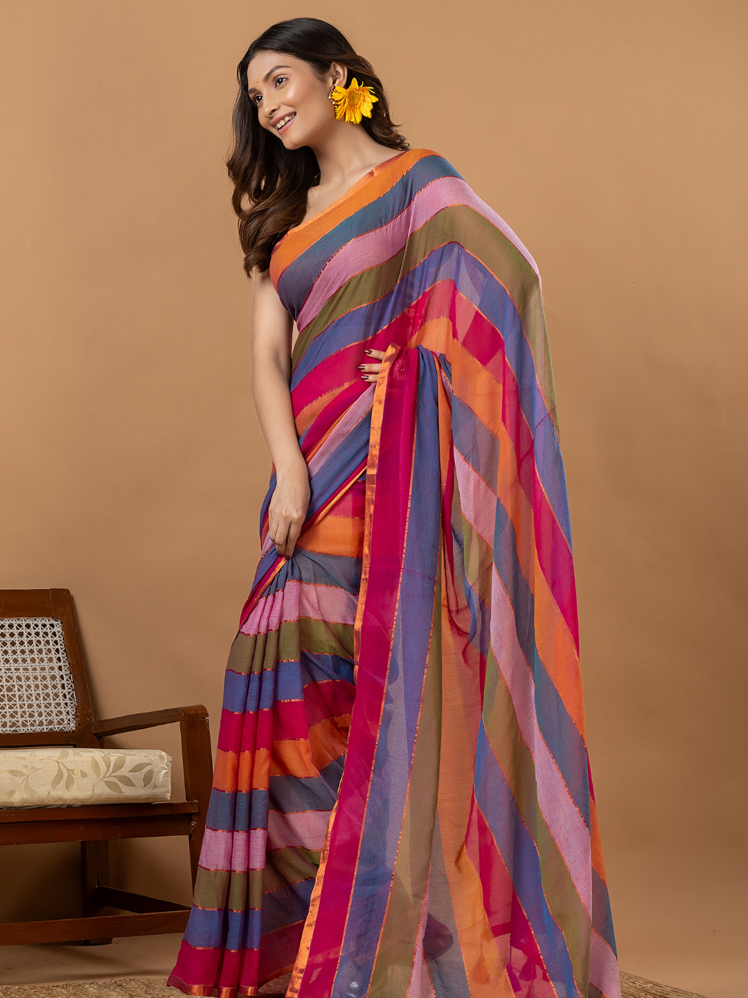 Pure Handloom Mul Cotton Saree | Multicolour Stripes