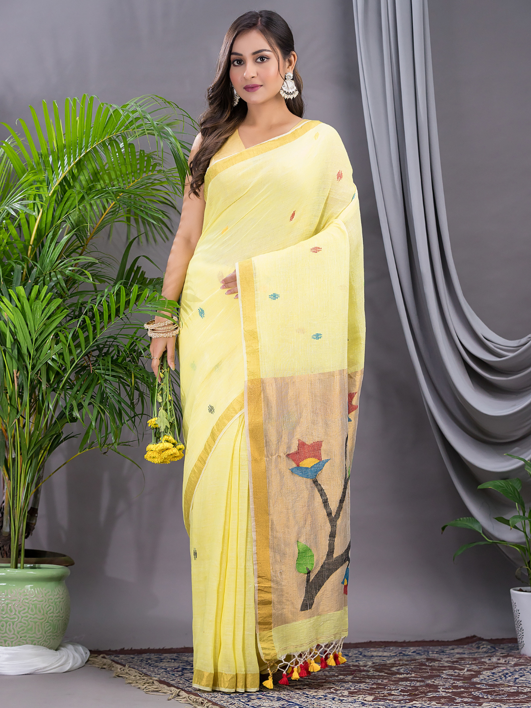 Linen Jamdani Saree With Lemon Yellow - 034