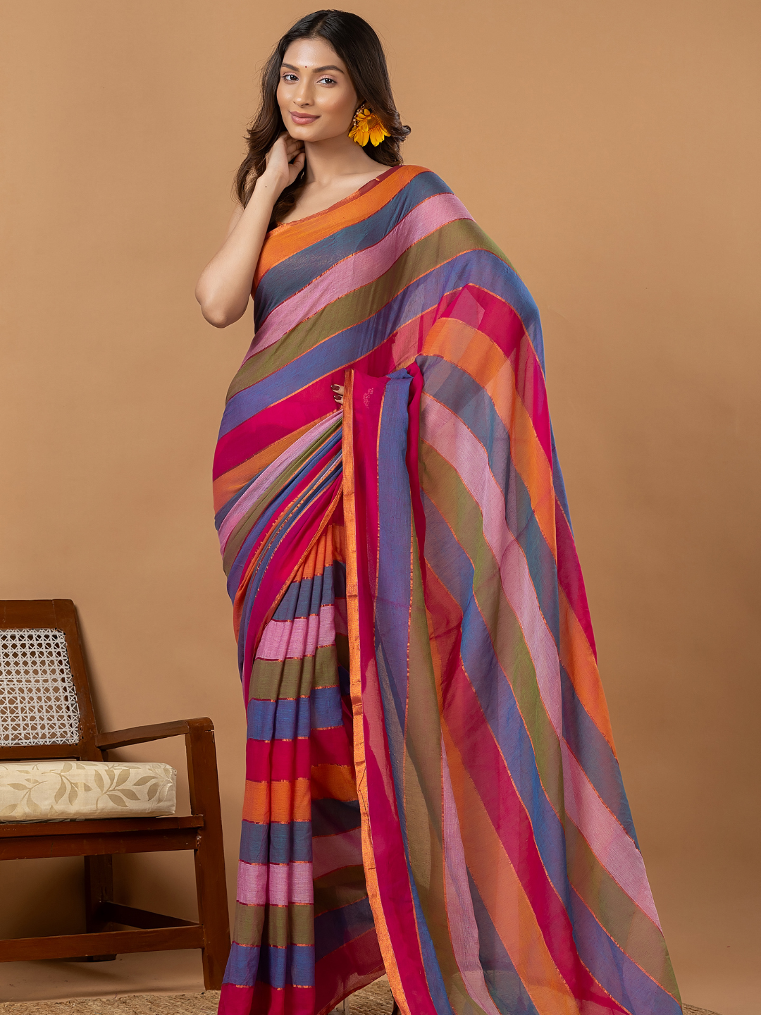 Pure Handloom Mul Cotton Saree | Multicolour Stripes