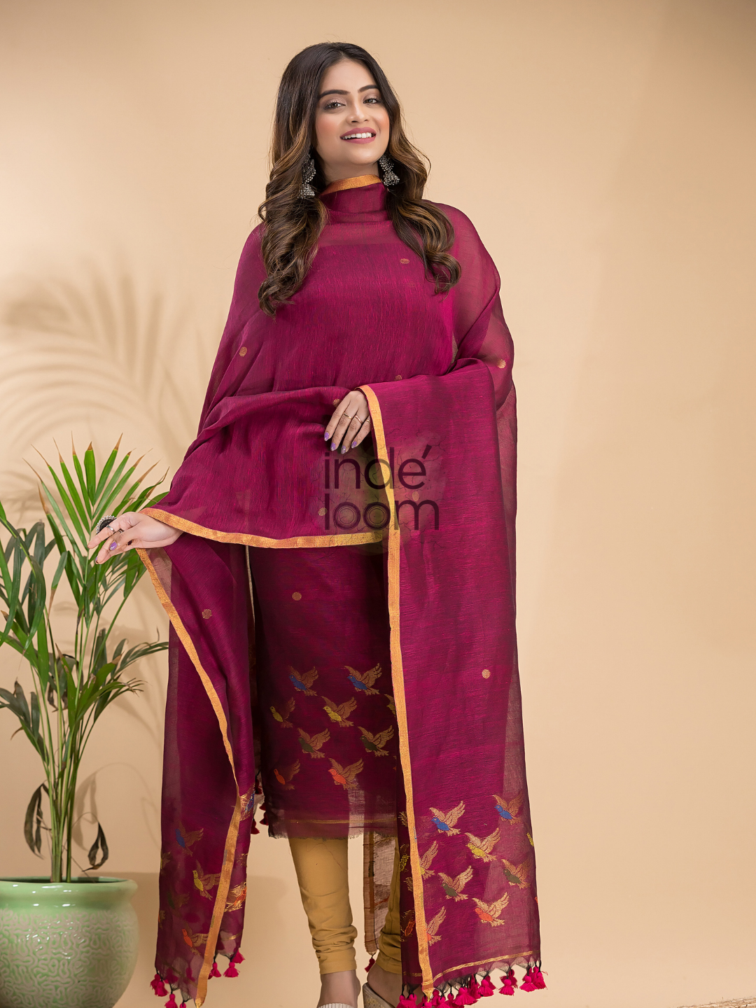 Ruby Maroon | Handloom Jamdani Linen Unstitched 2-Piece Kurti